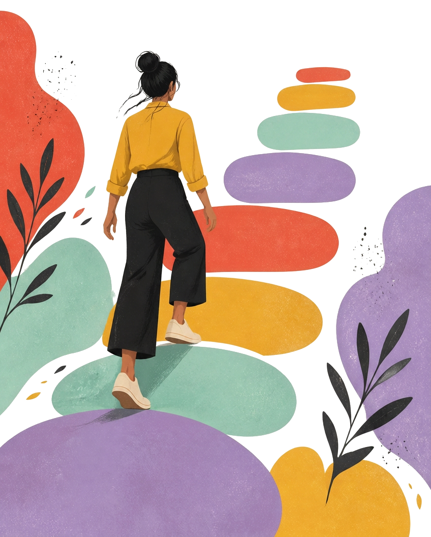Illustration d'une femme qui gravit des marches fleuries vers la lumière, symbole de l'affirmation de soi